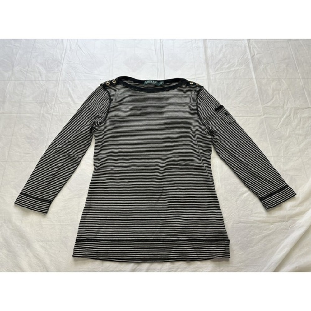 Ralph Lauren Womens Top Shirt Large White Black Striped Half Sleeve‎ Pocket